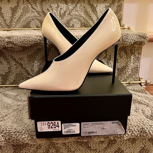 EEUC Saint Laurent Teddy Ivory Patent Leather Stiletto Heel Pumps Shoes Sz  39.5 - Picture 1 of 10